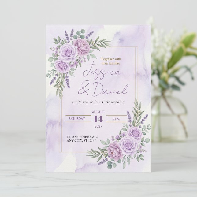 Convite de Casamento com Moldura de Rosa Lavanda D (Em pé/Frente)