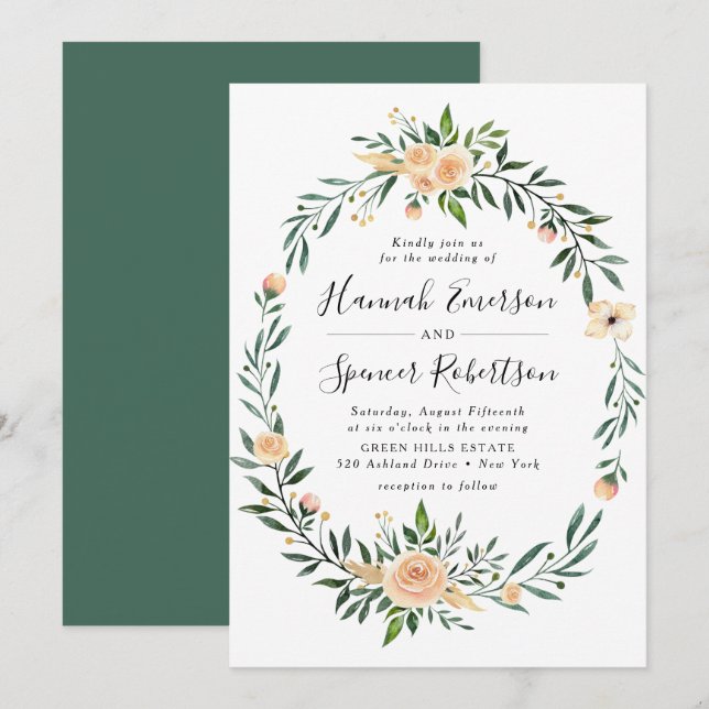 Convite de Casamento com Moldura de Rosas Pêssego (Frente/Verso)
