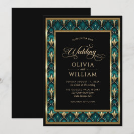 Convite de Casamento com Moldura Dourada Art Déco 