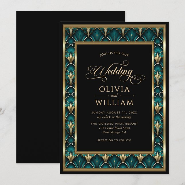 Convite de Casamento com Moldura Dourada Art Déco  (Frente/Verso)