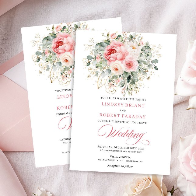 Convite de Casamento com Moldura Dourada de Peônia (Rustic Blush Peony Gold Frame Wedding Invitation)