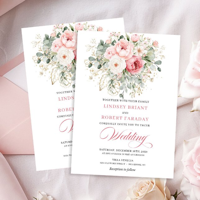 Convite de Casamento com Moldura Dourada de Rosas  (Modern Blush Roses Gold Frame Wedding Invitation)