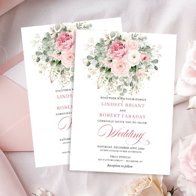 Convite de Casamento com Moldura Dourada de Rosas  (Bohemian Blush Roses Gold Frame Wedding Invitation)