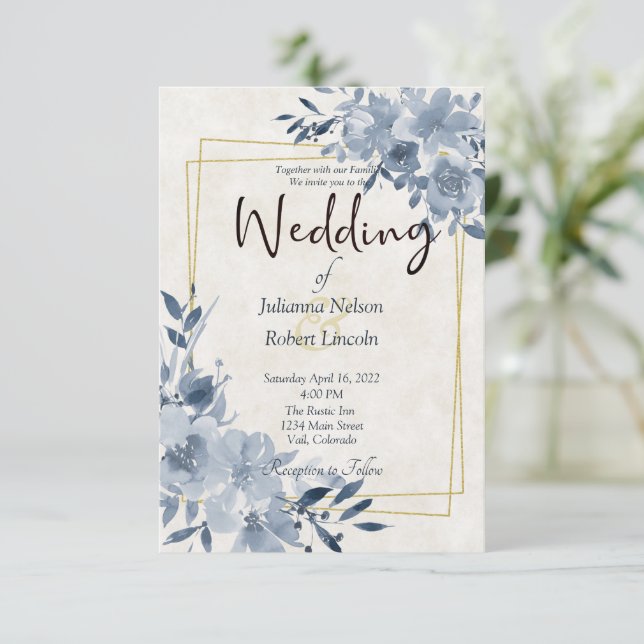 Convite de casamento com moldura dourada e floral  (Em pé/Frente)