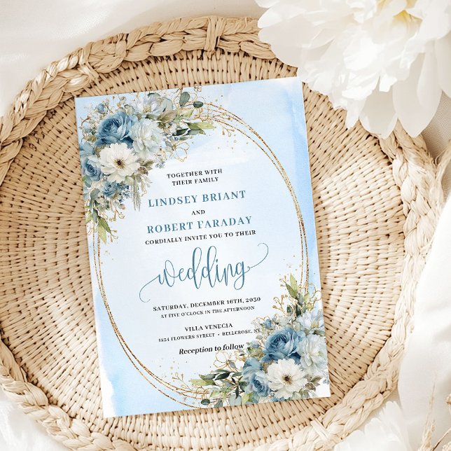 Convite de Casamento com Moldura Dourada e Floral  (Watercolor Blue Floral Gold Frame Wedding Invitation)