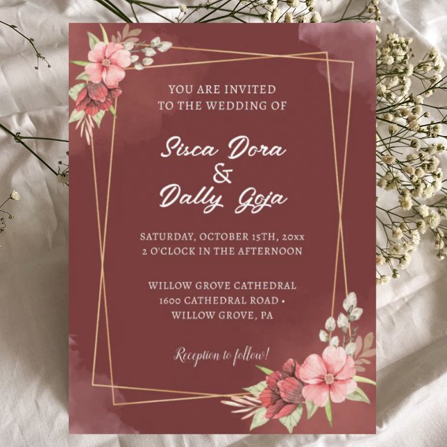 Convite de Casamento com Moldura Dourada e Floral  (Criador carregado)