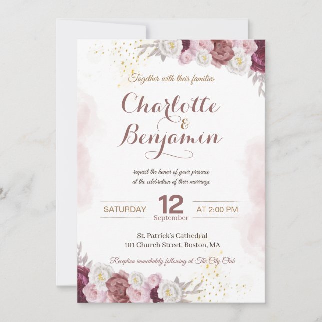 Convite de Casamento com Moldura Dourada e Floral  (Frente)