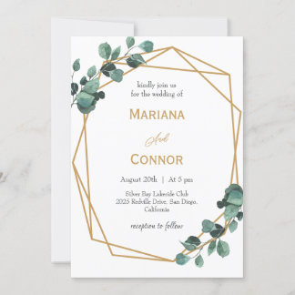 Convite de Casamento com Moldura Dourada e Vegetaç