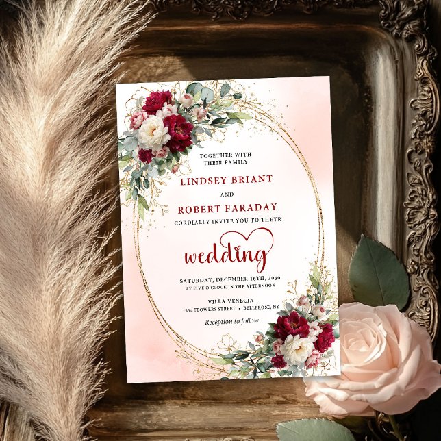 Convite de Casamento com Moldura Dourada Floral Bo (Romantic Burgundy Floral Gold Frame Wedding Invite)