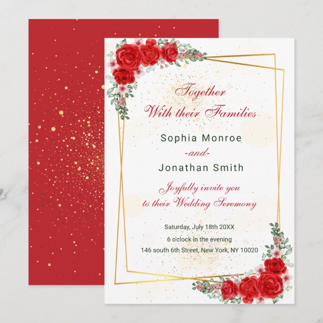 convite de casamento com moldura dourada floral ve (Frente/Verso)