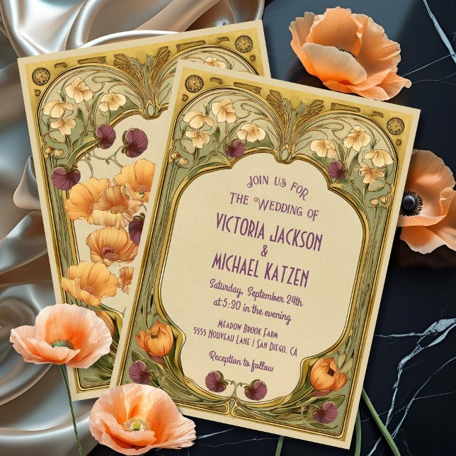 Convite de Casamento com Moldura Floral Art Nouvea (Criador carregado)