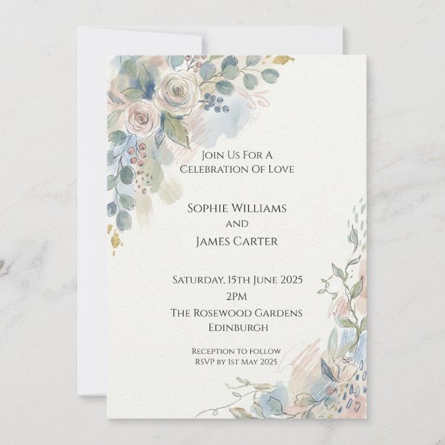 Convite de Casamento com Moldura Floral Azul Desbo (Frente)