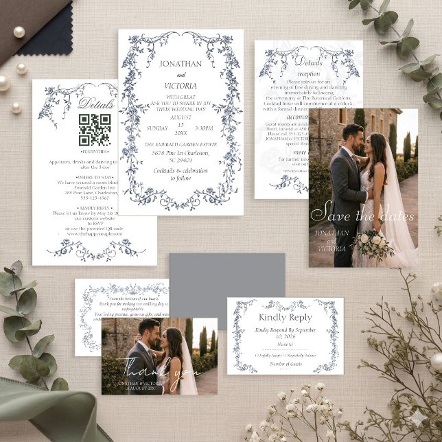 Convite de Casamento com Moldura Floral em Azul Po (Criador carregado)