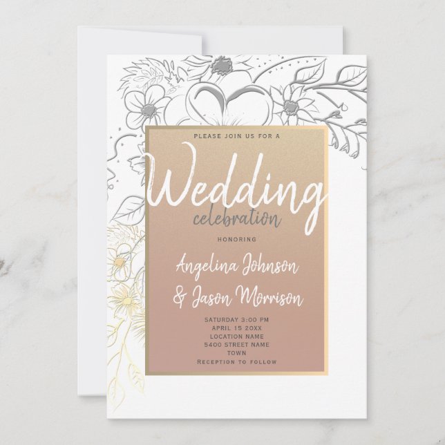 Convite de Casamento com Moldura Floral em Rose Go (Frente)