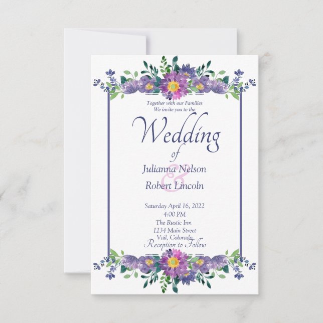 Convite de casamento com moldura floral roxa (Frente)
