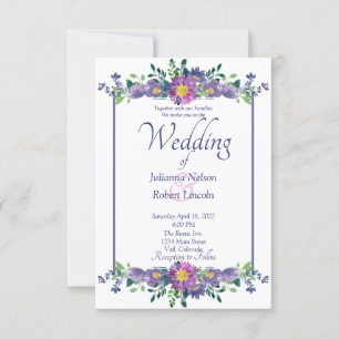 Convite de casamento com moldura floral roxa