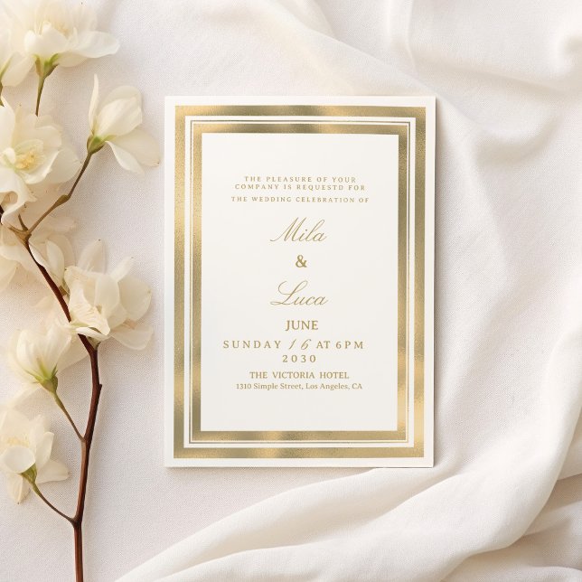 Convite de casamento com moldura geométrica em our (Luxury white gold geometric frame Wedding )