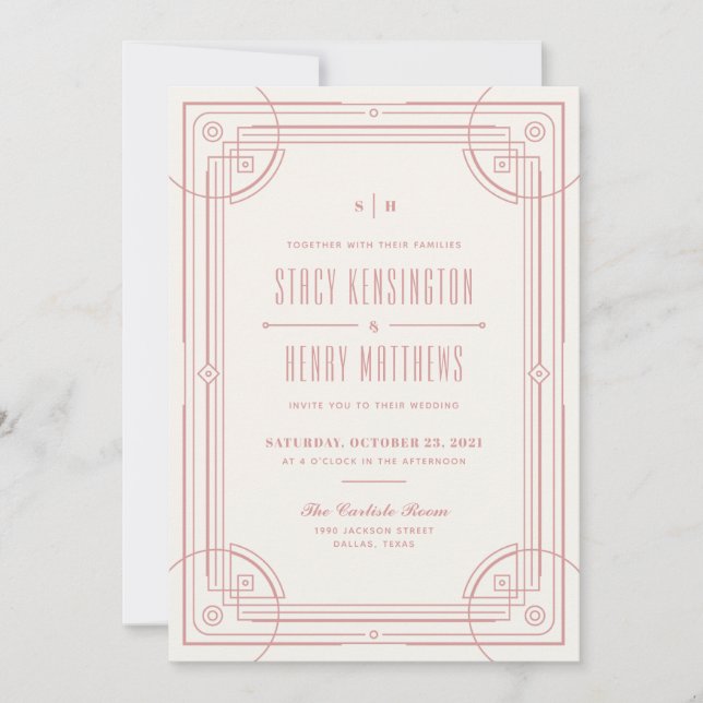 Convite de Casamento com Moldura Modern Deco - Ros (Frente)