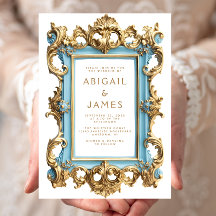 Convite de Casamento com Moldura Vintage Rococó Az
