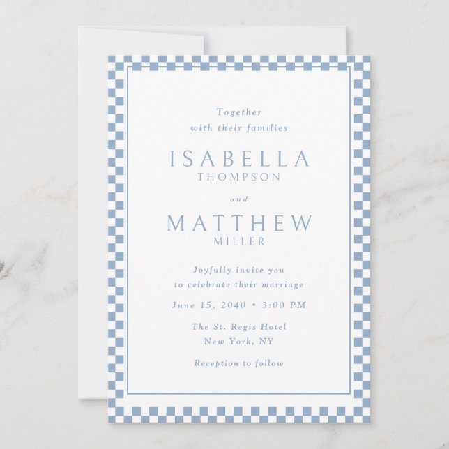 Convite de Casamento com Moldura Xadrez Azul (Frente)