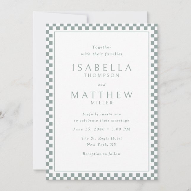 Convite de Casamento com Moldura Xadrez Sage (Frente)