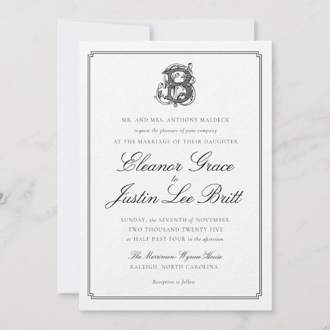 Convite de Casamento com Monograma "B" Preto (Frente)