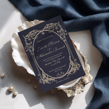 Convite de Casamento com Monograma Barroco em Azul