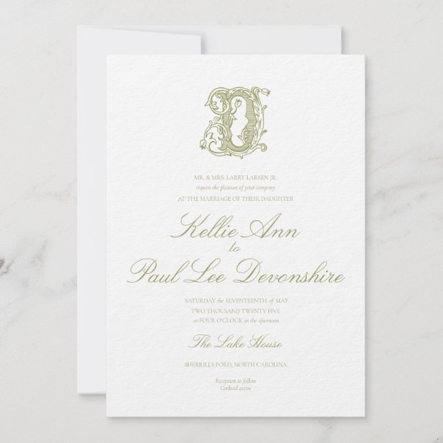 Convite de Casamento com Monograma "D" em Verde Ol (Frente)
