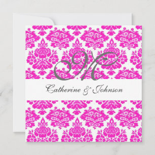 convite de casamento com monograma damasco rosa, a