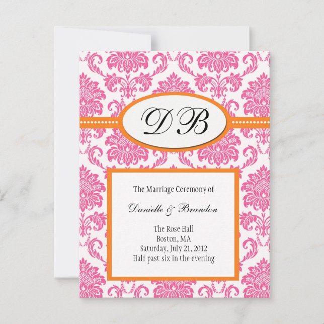 Convite de Casamento com Monograma Damask Rosa e L (Frente)