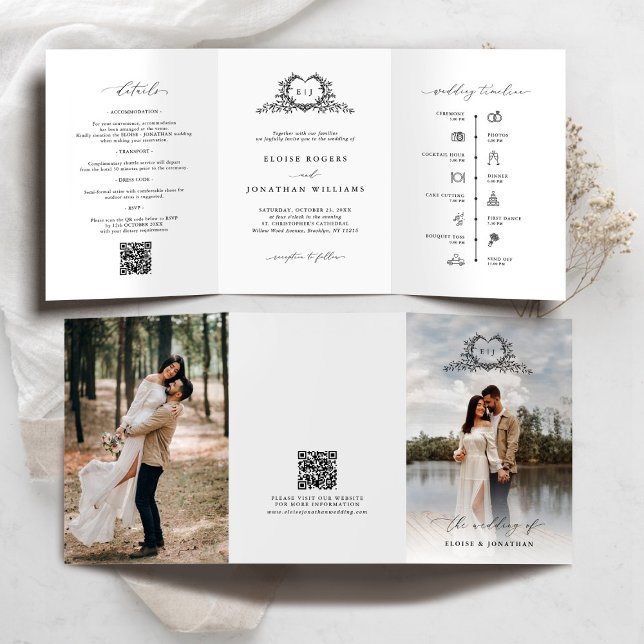 Convite de Casamento com Monograma de Crista Minim (Modern Minimalist Crest monogram tri fold photo Wedding Invite / announcement with QR code timeline)