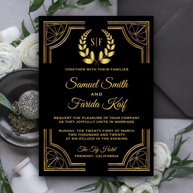Convite de Casamento com Monograma de Louro em Our (Criador carregado)