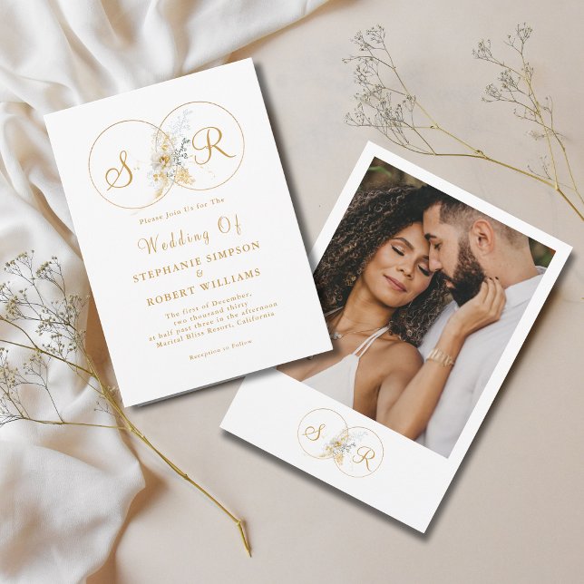 Convite de Casamento com Monograma Dourado e Foto  (Criador carregado)
