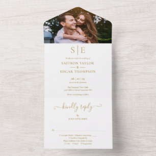 Convite de Casamento com Monograma Dourado Moderno
