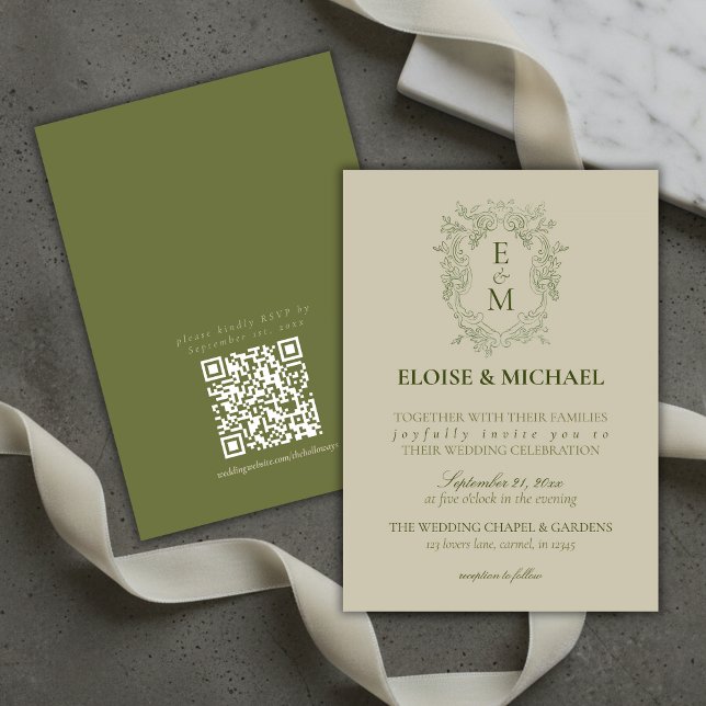 Convite de Casamento com Monograma e Brasão em Ver (Elegant Sage Green Crest Monogram Wedding Invitation)