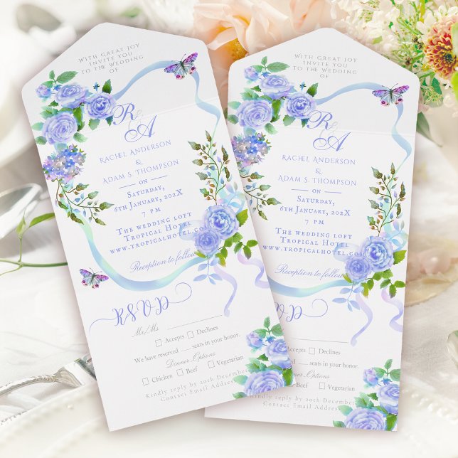 Convite de Casamento com Monograma e Fita de Rosa  (Blue Rose Ribbon Monogram Wedding Invitation)