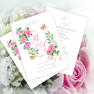 Convite de Casamento com Monograma e Fita de Rosa 