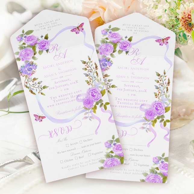 Convite de Casamento com Monograma e Fita Rosa Rox (Purple  Rose Ribbon Monogram Wedding Invitation)