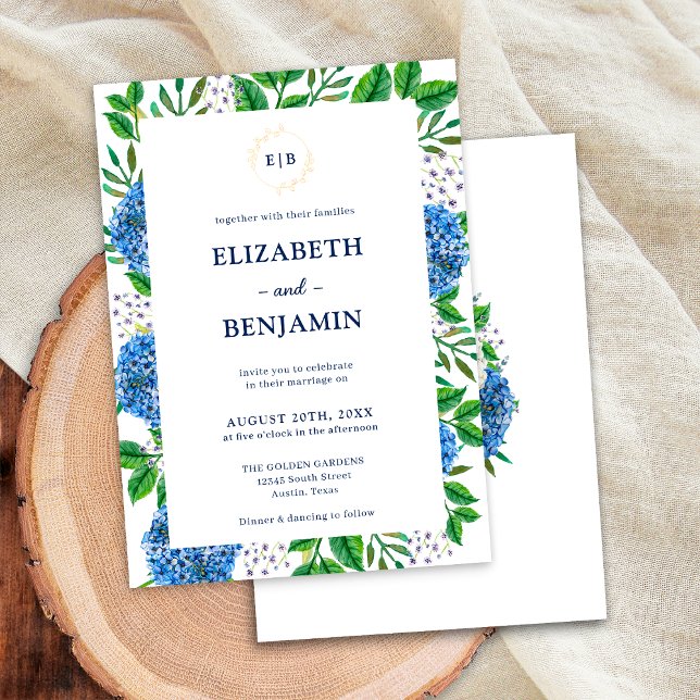 Convite de Casamento com Monograma e Hortênsias Az (Front / Back)