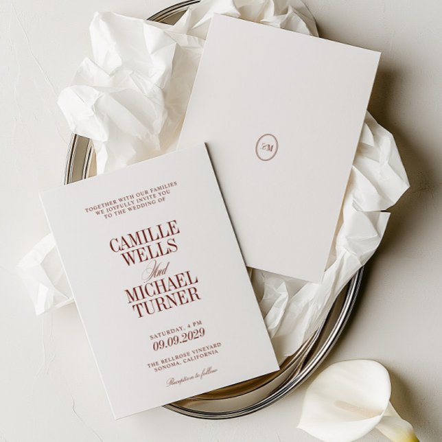Convite de Casamento com Monograma Elegante em Ter (Deep Terracotta Elegant Monogram Wedding Invite)