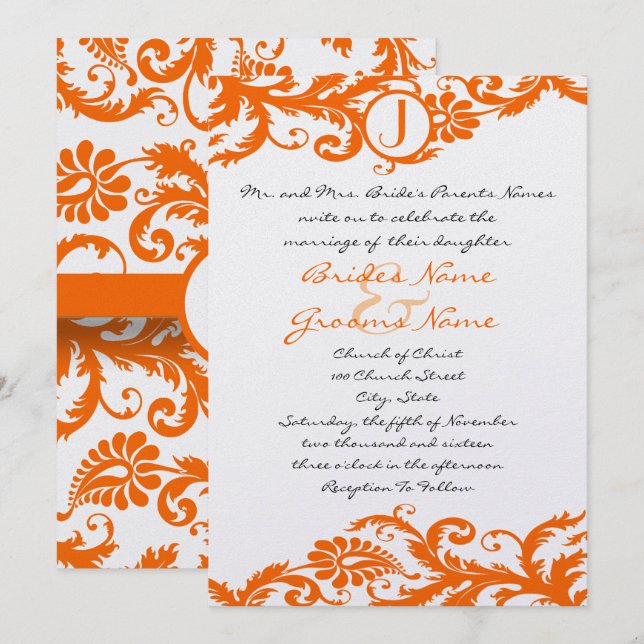 Convite de Casamento com Monograma em Damask Laran (Frente/Verso)