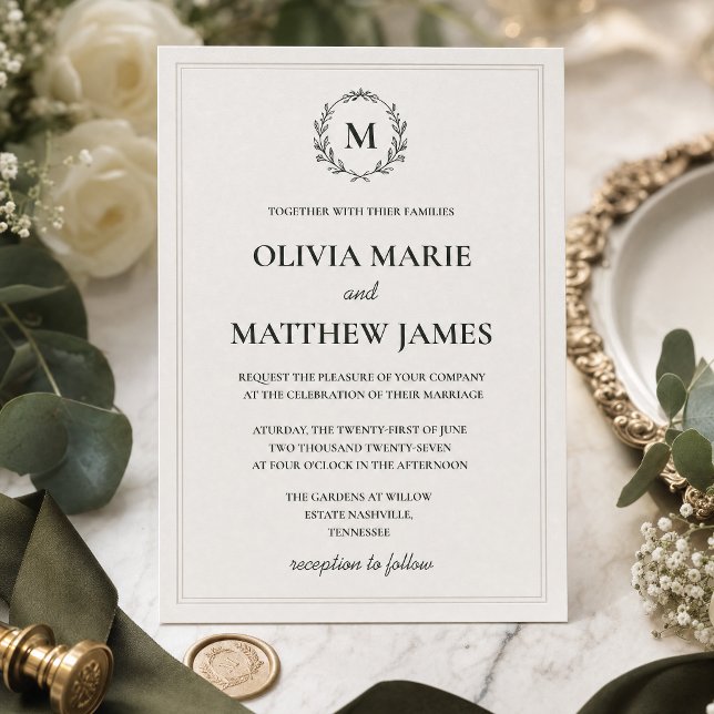 Convite de Casamento com Monograma em Verde Caçado (Elegant Hunter Green Monogram Wedding Invitation | Luxury Minimalist Wedding Suite)
