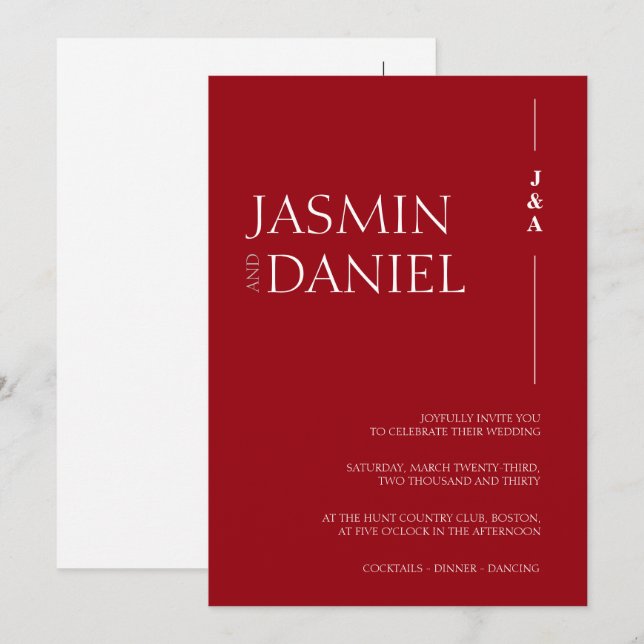Convite de Casamento com Monograma em Vermelho Car (Frente/Verso)