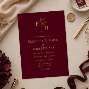 Convite de Casamento com Monograma Floral Borgonha