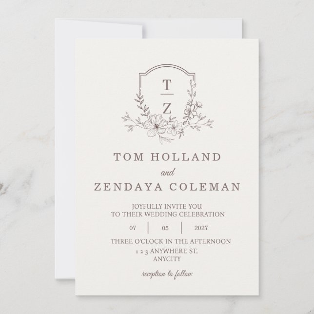 Convite de Casamento com Monograma Floral Elegante (Frente)