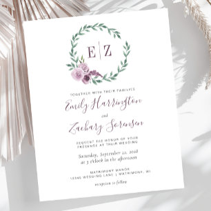 Convite de Casamento com Monograma Floral Roxo Orç