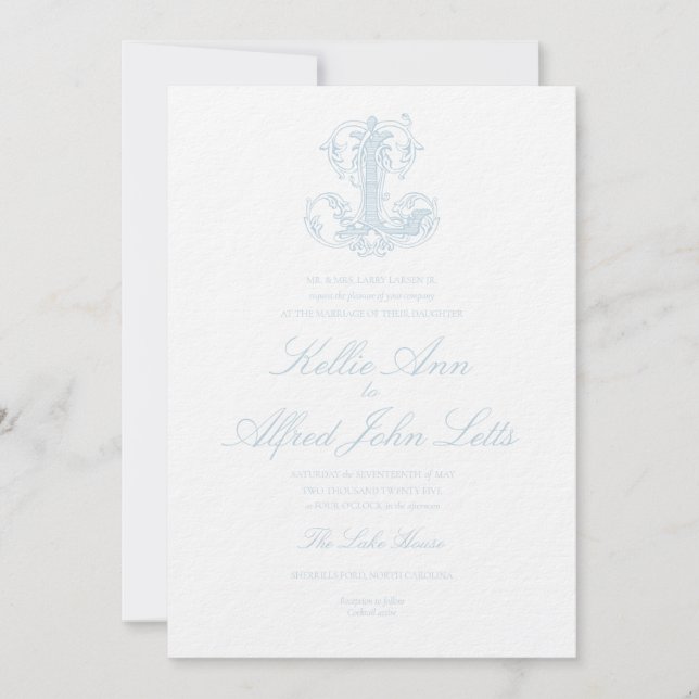 Convite de Casamento com Monograma "L" Azul Claro (Frente)