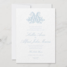 Convite de Casamento com Monograma "M" Azul Claro