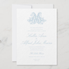 Convite de Casamento com Monograma "M" Azul Claro
