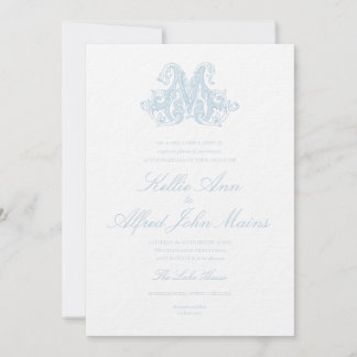 Convite de Casamento com Monograma "M" Azul Claro